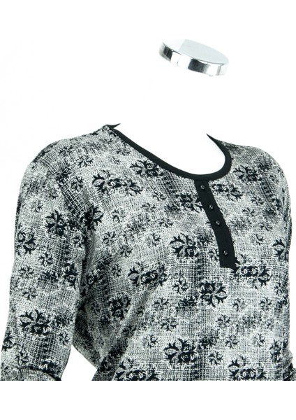 Kadın Sümbül Desenli Uzun Kollu Yuvarlak Yaka Geniş Kalıp Likralı Viskon Penye Kumaş Büyük Beden Anne Bluz