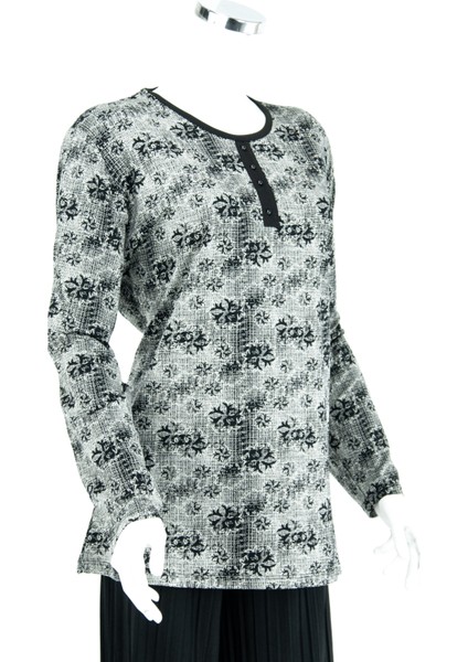 Kadın Sümbül Desenli Uzun Kollu Yuvarlak Yaka Geniş Kalıp Likralı Viskon Penye Kumaş Büyük Beden Anne Bluz fiyatları