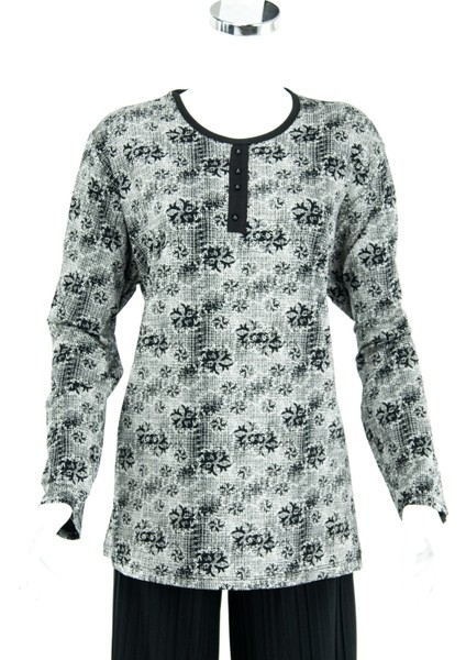 Kadın Sümbül Desenli Uzun Kollu Yuvarlak Yaka Geniş Kalıp Likralı Viskon Penye Kumaş Büyük Beden Anne Bluz modelleri