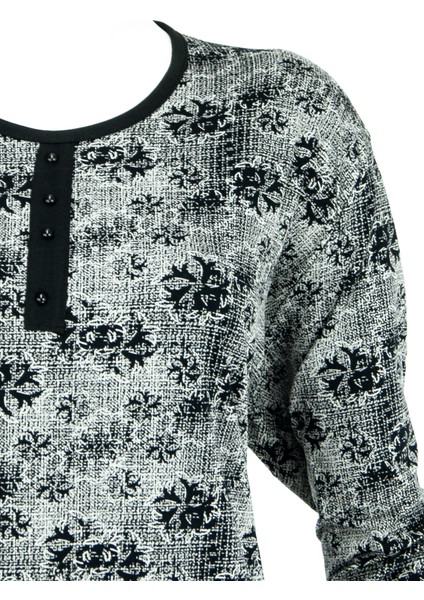 Kadın Sümbül Desenli Uzun Kollu Yuvarlak Yaka Geniş Kalıp Likralı Viskon Penye Kumaş Büyük Beden Anne Bluz fırsatları