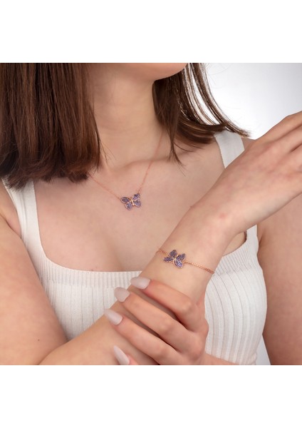 925 Ayar Gümüş Amatist Taşlı Kelebek Model Kolye Bileklik Takı Seti