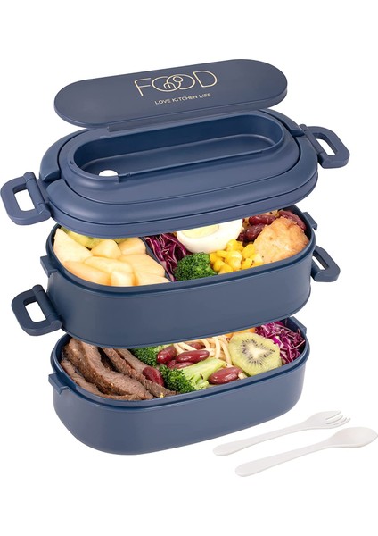 Sefer Tası Öğle Yemeği Kutuları 2 Katlı 3 Bölmeli Çatal Bıçak Takımı Bento Kutuları Gıda Saklama Kapları 1550 ml. (Yurt Dışından)