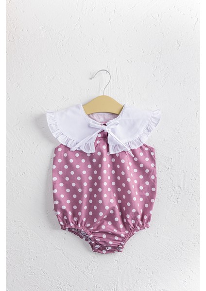 Puantiye Desenli Bebe Yakalı Kız Bebek Tulum