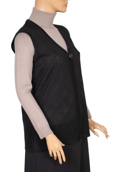 Kadın Taçlı Triko Ajurlu Broşlu Yelek Siyah modelleri