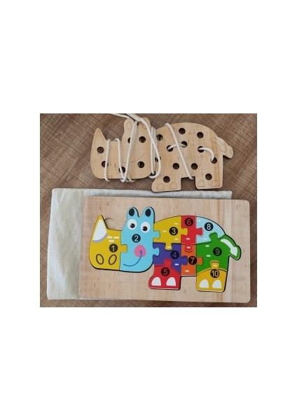 Gergedan Modelli 2 Parça Ip Geçirmeli ve Renkli Sayıları Öğreniyorum Puzzle