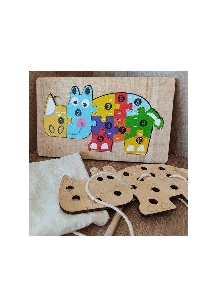 Gergedan Modelli 2 Parça Ip Geçirmeli ve Renkli Sayıları Öğreniyorum Puzzle