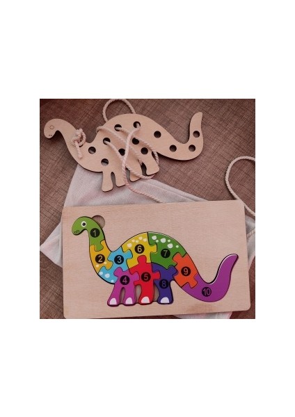 Dinozor Modelli 2 Parça Ip Geçirmeli ve Renkli Sayıları Öğreniyorum Puzzle