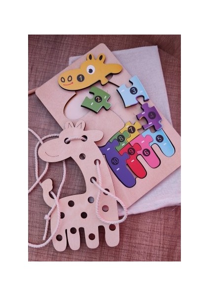 Zürafa Modelli 2 Parça Ip Geçirmeli ve Renkli Sayıları Öğreniyorum Puzzle
