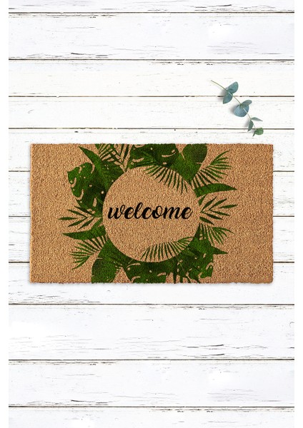Yeşil Yapraklı Çerçeveli Welcome Paspas Koko Paspas Kıl paspas