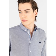Erkek Slim Fit Dar Kesim Uzun Kollu Pamuklu Oxford Doku Kolay Ütülenebilir Gri Düğmeli Yaka Gömlek