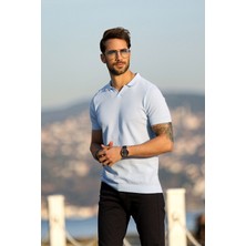 Ferraro A.mavi/beyaz Kuşgözü Desenli Polo Yaka Erkek Triko T-Shirt