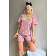 Pijama Evi Pembe Capped Tavşan Baskılı Şortlu Kadın Pijama Takımı