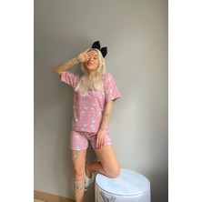 Pijama Evi Pembe Capped Tavşan Baskılı Şortlu Kadın Pijama Takımı