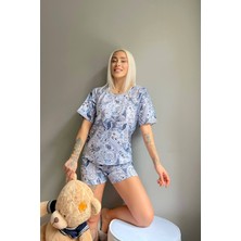 Pijama Evi Mavi Klasik Etnik Baskılı Şortlu Kadın Pijama Takımı