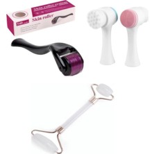 Megaw 1mm Dermaroller + Cilt Temizleme Fırçası + Beyaz 2'li Çift Taraflı Cilt Yüz Masaj Bakım Aleti