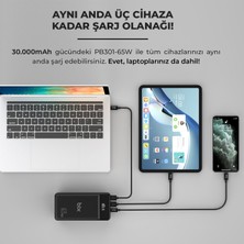 Bix PB301 Üç Portlu PD + 2x USB – LED Göstergeli 65W – 30000 mAh Laptop, Telefon, Tablet Powerbank