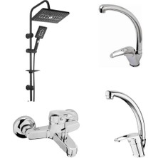 Sc Grup 4’lü Set-Banyo-Lavabo - Mutfak Eviye Musluğu Bataryası ve Fonksiyonlu Kare Siyah Krom Robot Duş Seti 12345