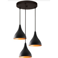 My Lights Retro Rustik Metal Sarkıt Üçlü Avize Siyah  Içi Altın Avize