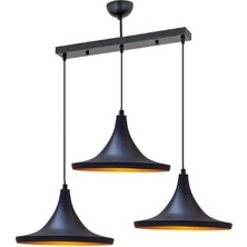 Mylights Retro Siyah  Içi Sarı Metal Sarkıt Avize    3lü Sıralı Masa Üstü 60 cm