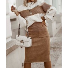 Rengamoda Cep Detay Etek Kazak Triko Ikili Takım (Kahve)