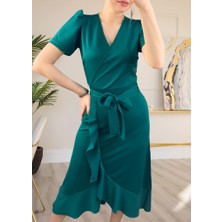 Rengamoda Krep Kumaş Midi Boy Kuşaklı Elbise