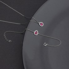 Ravza Gümüş 925 Ayar Gümüş Fuşya Damla Taşlı Kolye Bileklik Takı Seti