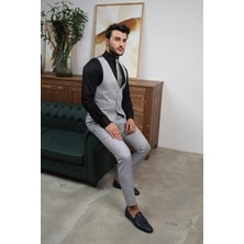 El Suit Gümüş Rengi Yelekli Takım Elbise