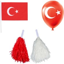 Masho Trend 1 Çift Mat Kırmızı Beyaz Ponpon + 1 Bayrak + 1 Balon - Amigo Gösteri Ponponu - 23 Nisan Ponpon