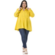 Disentis Modest Büyük Beden Torba Cepli Önü ve Arkası Pileli Geniş Manşetli Arkası Uzun Sarı Müslin Gömlek