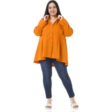 Disentis Modest Büyük Beden Torba Cepli Önü ve Arkası Pileli Geniş Manşetli Arkası Uzun Turuncu Müslin Gömlek