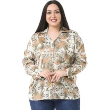 Disentis Modest Büyük Beden Yaka Detaylı Şal Desen Saten Bej Rengi Kadın Gömlek