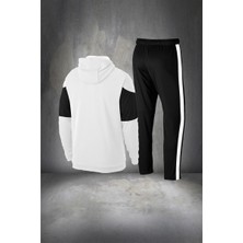 Poseidon Storm Erkek  Beyaz  Supra Penye Kumaş Şeritli Rahat Kapüşonlu Eşofman Takımı (S-3xl)