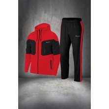 Poseidon Storm Erkek Kırmızı Supra Penye Kumaş Fermuarlı Kapüşonlu Koşu Seti (S-3xl)