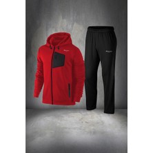Poseidon Storm Erkek Kırmızı Supra Penye Kumaş Ön Cepli  Rahat Kapüşonlu Yürüyüş Takımı (S-3xl)