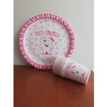 Cadde Süs Ilk Dişim Yazılı Pembe Kenarlı 8`li Beyaz Kağıt Tabak Bardak Seti