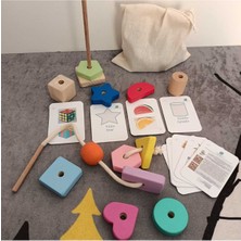 Moccotoys Montessori Giz Torbası ve Ip Geçir Geometrik Şekiller Ikili Eğitici Kartlı Oyunu