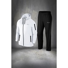 Poseidon Storm Büyük Beden Erkek Beyaz Supra Penye Kumaş Rahat Kapüşonlu Eşofman Takımı (4xl- 10XL)