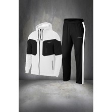 Poseidon Storm Büyük Beden Erkek Beyaz Supra Penye Kumaş Şeritli Rahat Kapüşonlu Eşofman Takımı (4xl- 10XL)
