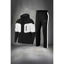 Poseidon Storm Büyük Beden Erkek Siyah Supra Penye Kumaş Şeritli Rahat Kapüşonlu Eşofman Takımı (4xl- 10XL)