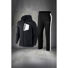 Poseidon Storm Büyük Beden Erkek Siyah Supra Penye Kumaş Ön Cepli Rahat Eşofman Takımı (4xl- 10XL)
