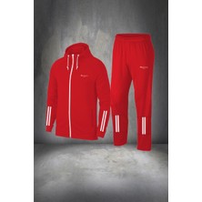 Poseidon Storm Büyük Beden Erkek Kırmızı Supra Penye Kumaş Kapüşonlu Yürüyüş ve Koşu Seti (4xl- 10XL)