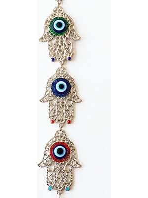 Üçlü Fatma Ana Bereket Eli Gümüş Kaplama Nazar Boncuklu Duvar Süsü