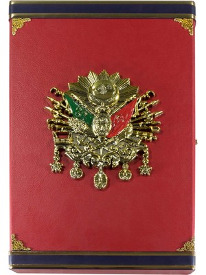 Tesbih Kardeşliği Kırmızı Renk Koleksiyonluk 14'lü Dikey Osmanlı Devlet Armalı Deri Tesbih Kutusu