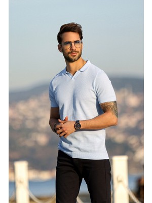 Ferraro A.mavi/beyaz Kuşgözü Desenli Polo Yaka Erkek Triko T-Shirt