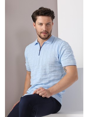 Ferraro Mavi Polo Yaka Fermuarlı Erkek Pamuk Triko T-Shirt