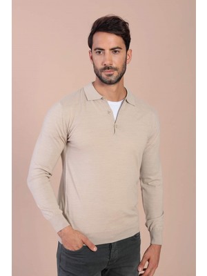 Ferraro Polo Yaka Superfine Yün Kazak - Taş