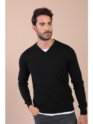 Ferraro V Yaka Superfine Yün Kazak - Siyah