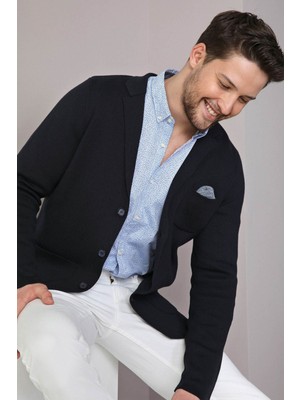 Ferraro Üç Düğmeli Ince Pamuk Triko Ceket - Lacivert