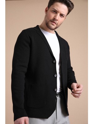 Ferraro Üç Düğmeli Ince Pamuk Triko Ceket - Siyah
