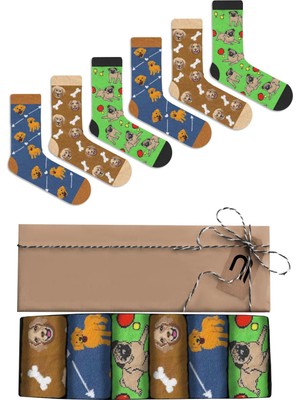 Chie Collection 6'lı Köpek Temalı Desenli Hediye Kutulu Unisex Renkli Soket Çorap Seti